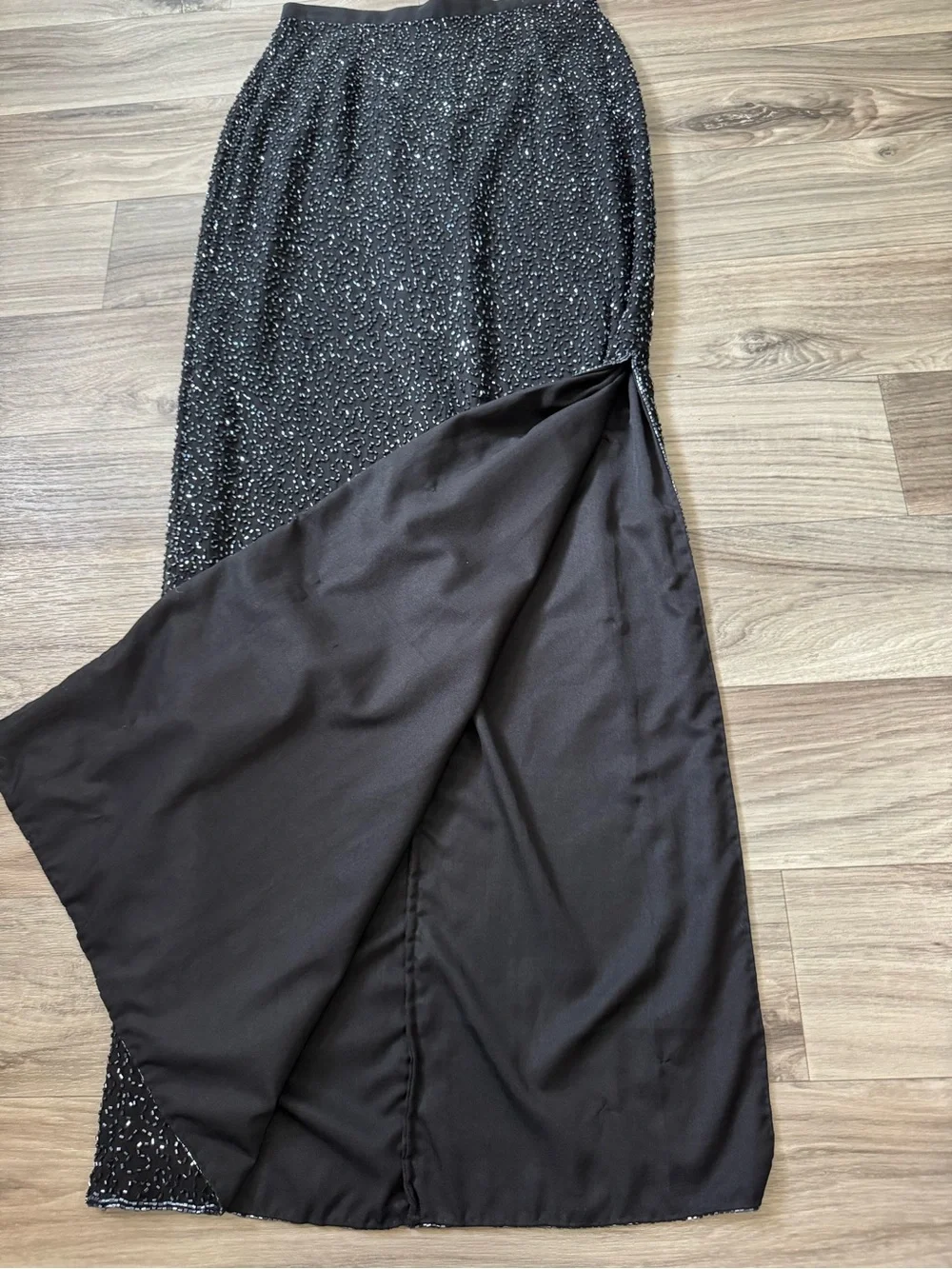 Vintage Caché Silk Beaded Maxi Skirt Side Slit Black Evening Sz 2 Whimsigoth